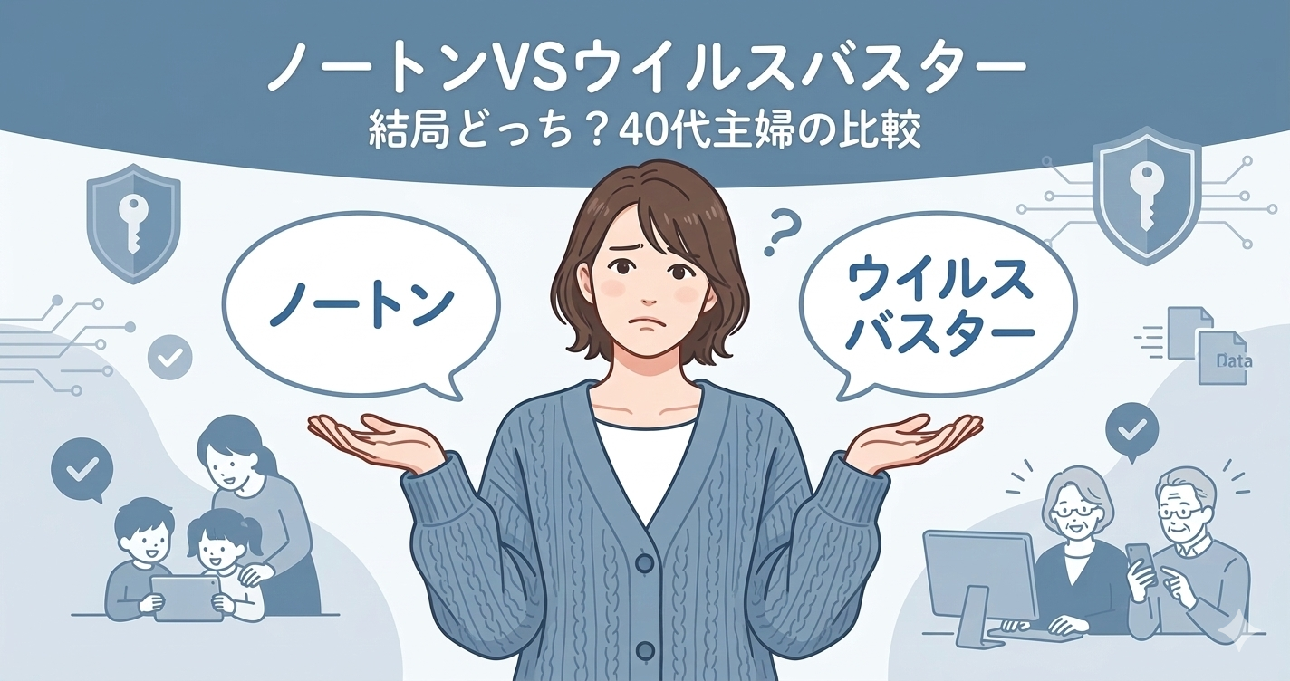 女性がノートンかウイルスバスターかで悩んでいる