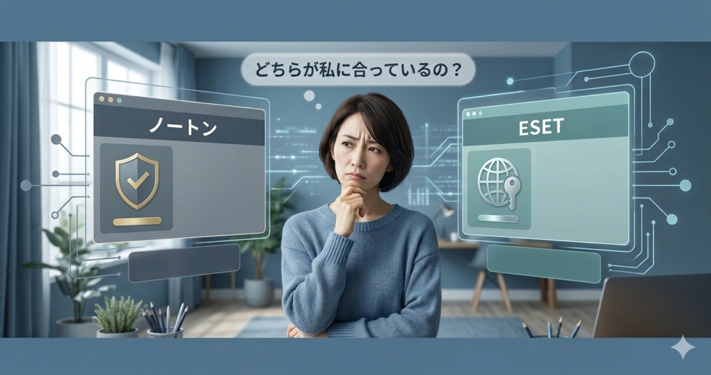 ノートンとESETと悩んでいる女性