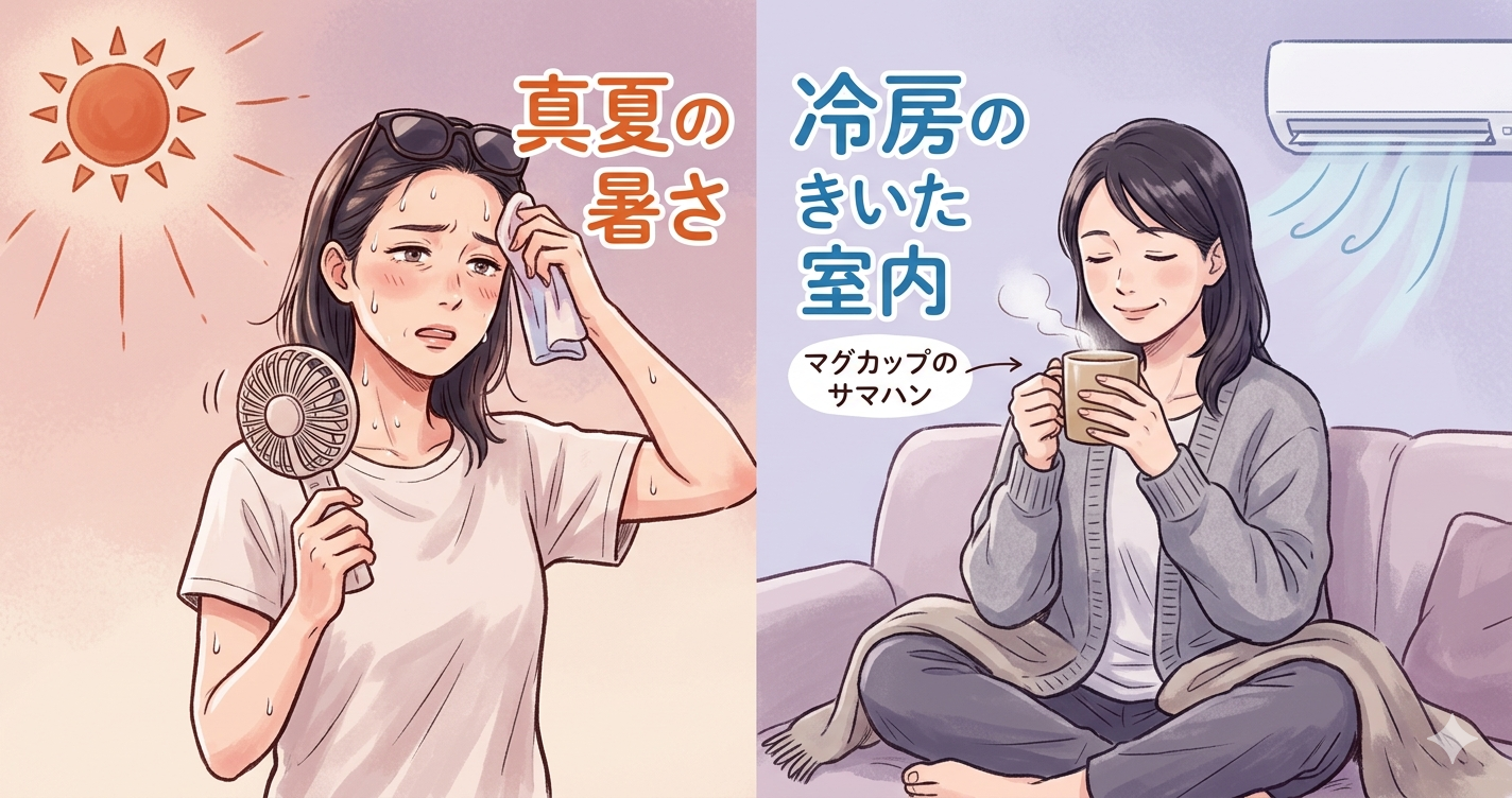 真夏の暑さと冷房の室内